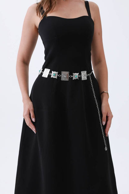 Vintage Western Geometric Belt - Square Turquoise Chain Waist: Antique Silver - ivyandlavyboutique Leto Accessories