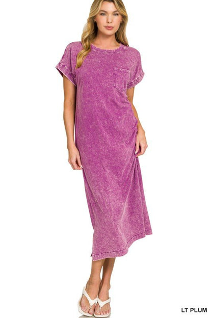 WASHED EXPOSED SEAM SHORT SLEEVE T-Shirt Dress In Lt Plum - ivyandlavyboutique Zenana