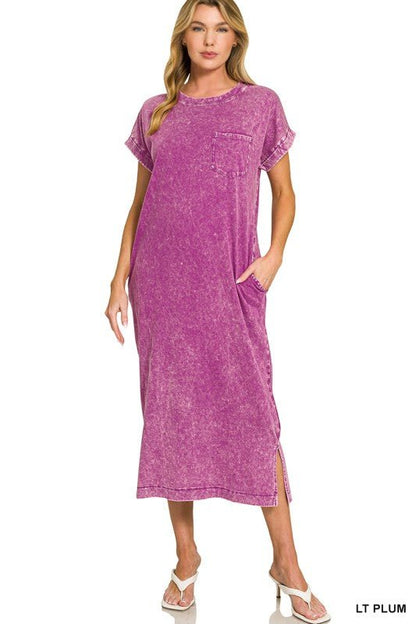 WASHED EXPOSED SEAM SHORT SLEEVE T-Shirt Dress In Lt Plum - ivyandlavyboutique Zenana