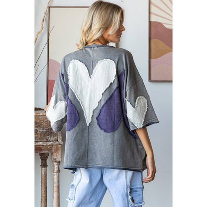 WASHED HEART PATCHWORK SHORT SLEEVE OVERSIZE TEE - ivyandlavyboutique Oli&Hali