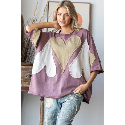 WASHED HEART PATCHWORK SHORT SLEEVE OVERSIZE TEE - ivyandlavyboutique Oli&Hali