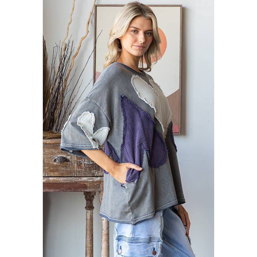 WASHED HEART PATCHWORK SHORT SLEEVE OVERSIZE TEE - ivyandlavyboutique Oli&Hali