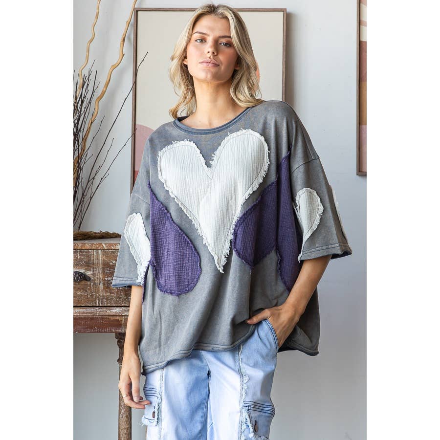 WASHED HEART PATCHWORK SHORT SLEEVE OVERSIZE TEE - ivyandlavyboutique Oli&Hali