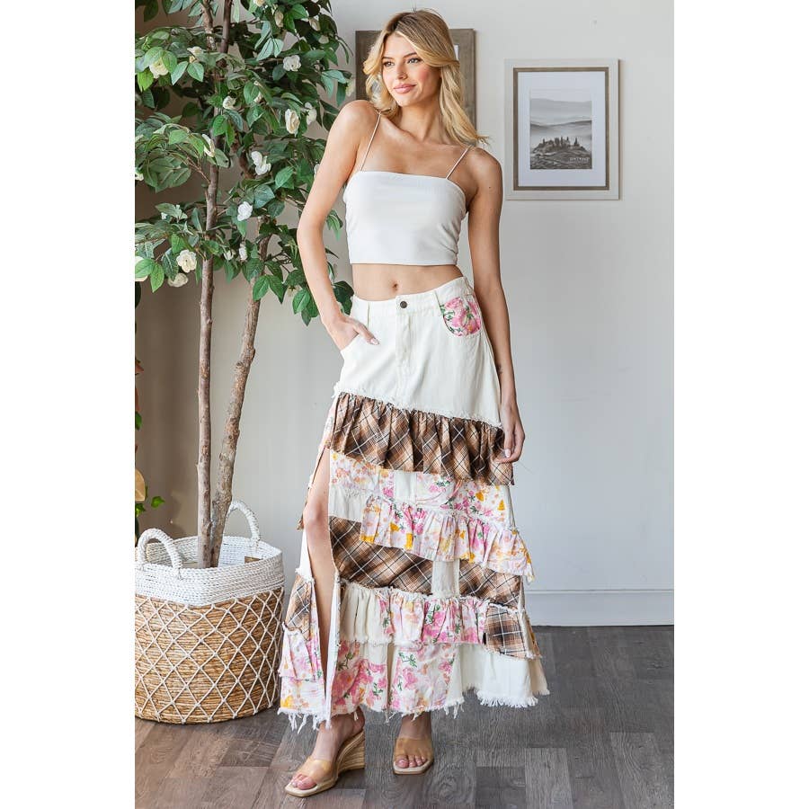 WASHED PLAID FLOWER PATCHWORK SLIT MAXI Skirt In Pink - ivyandlavyboutique Oli&Hali