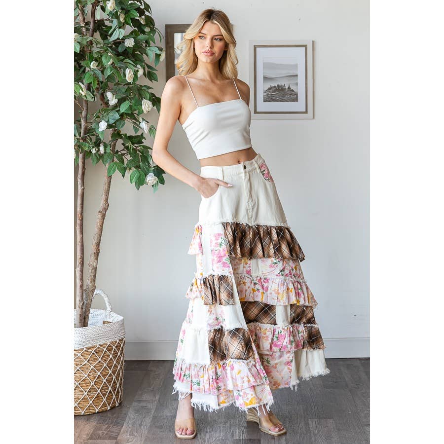 WASHED PLAID FLOWER PATCHWORK SLIT MAXI Skirt In Pink - ivyandlavyboutique Oli&Hali