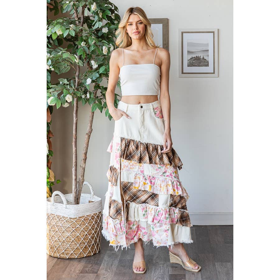 WASHED PLAID FLOWER PATCHWORK SLIT MAXI Skirt In Pink - ivyandlavyboutique Oli&Hali