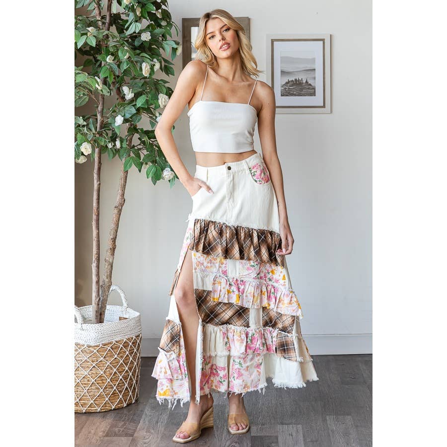WASHED PLAID FLOWER PATCHWORK SLIT MAXI Skirt In Pink - ivyandlavyboutique Oli&Hali