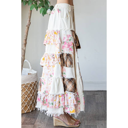 WASHED PLAID FLOWER PATCHWORK SLIT MAXI Skirt In Pink - ivyandlavyboutique Oli&Hali