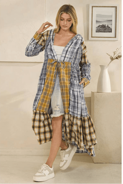WASHED PLAID MIXED HOODED LONG SLEEVE DUSTER in Blue - ivyandlavyboutique Oli&Hali