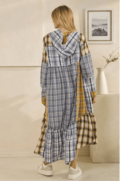WASHED PLAID MIXED HOODED LONG SLEEVE DUSTER in Blue - ivyandlavyboutique Oli&Hali