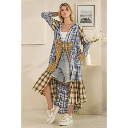 WASHED PLAID MIXED HOODED LONG SLEEVE DUSTER in Blue - ivyandlavyboutique Oli&Hali