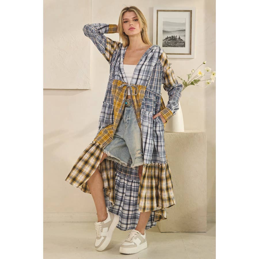 WASHED PLAID MIXED HOODED LONG SLEEVE DUSTER in Blue - ivyandlavyboutique Oli&Hali