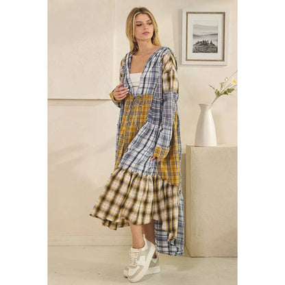 WASHED PLAID MIXED HOODED LONG SLEEVE DUSTER in Blue - ivyandlavyboutique Oli&Hali