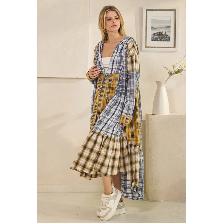 WASHED PLAID MIXED HOODED LONG SLEEVE DUSTER in Blue - ivyandlavyboutique Oli&Hali