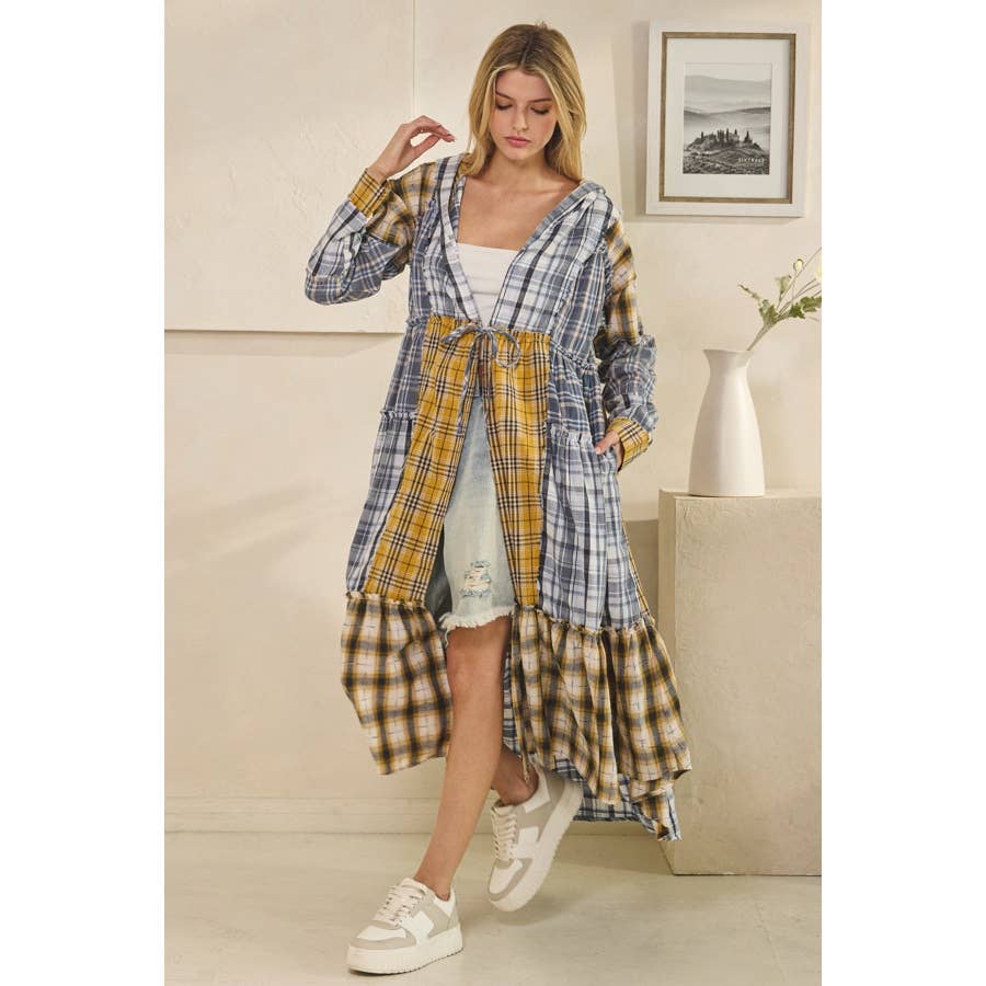 WASHED PLAID MIXED HOODED LONG SLEEVE DUSTER in Blue - ivyandlavyboutique Oli&Hali