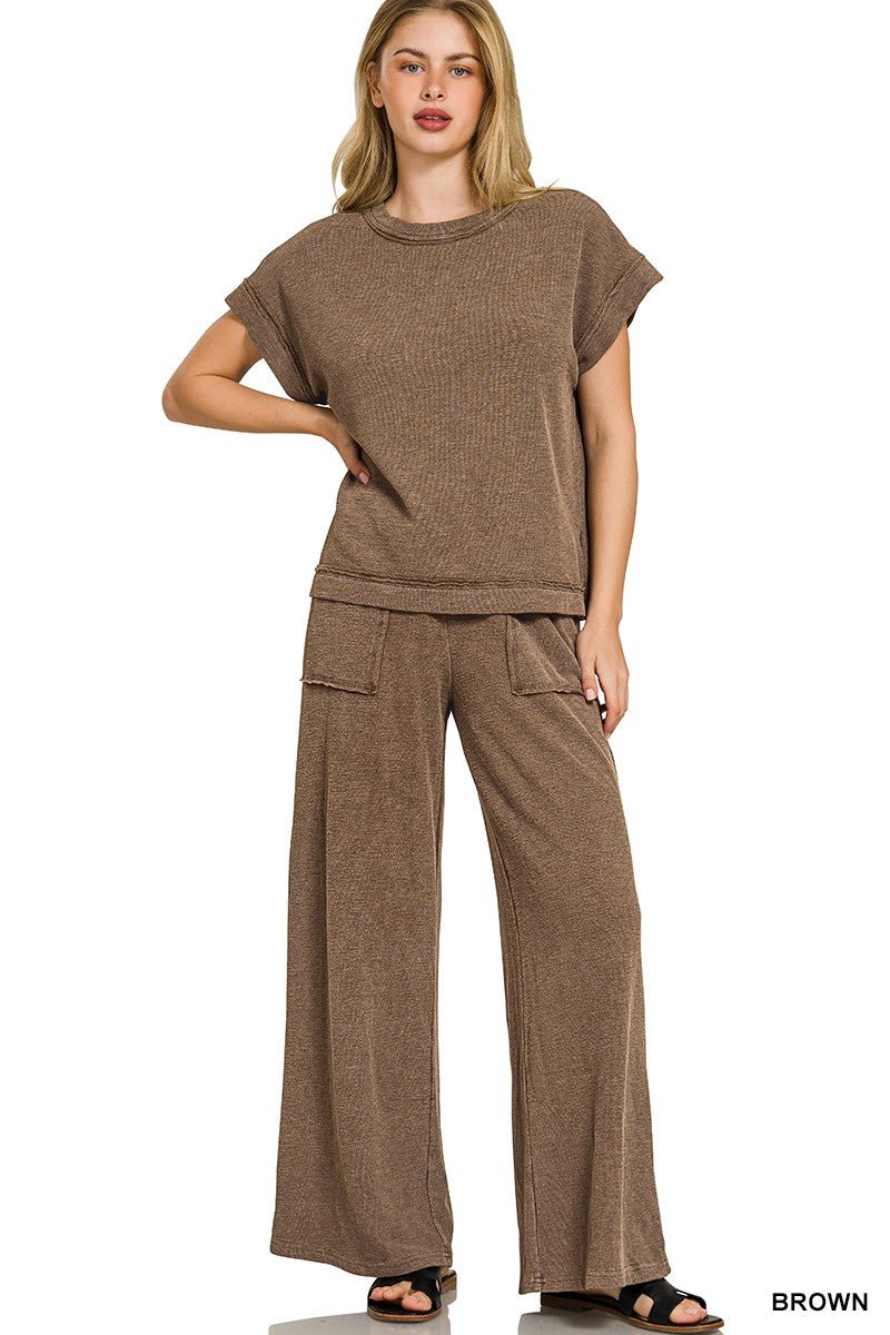 Washed Slub Short Sleeve Tee & Long Pants Set - ivyandlavyboutique Zenana