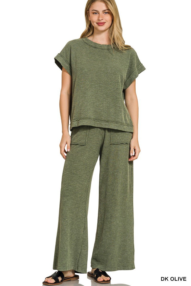 Washed Slub Short Sleeve Tee & Long Pants Set - ivyandlavyboutique Zenana