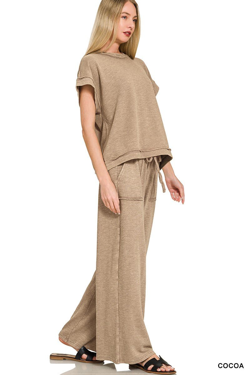 Washed Slub Short Sleeve Tee & Long Pants Set - ivyandlavyboutique Zenana