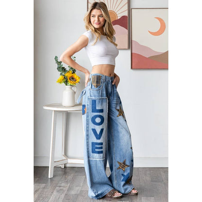 WASHED STAR LOVE PATCHWORK DENIM JEAN - ivyandlavyboutique Oli&Hali