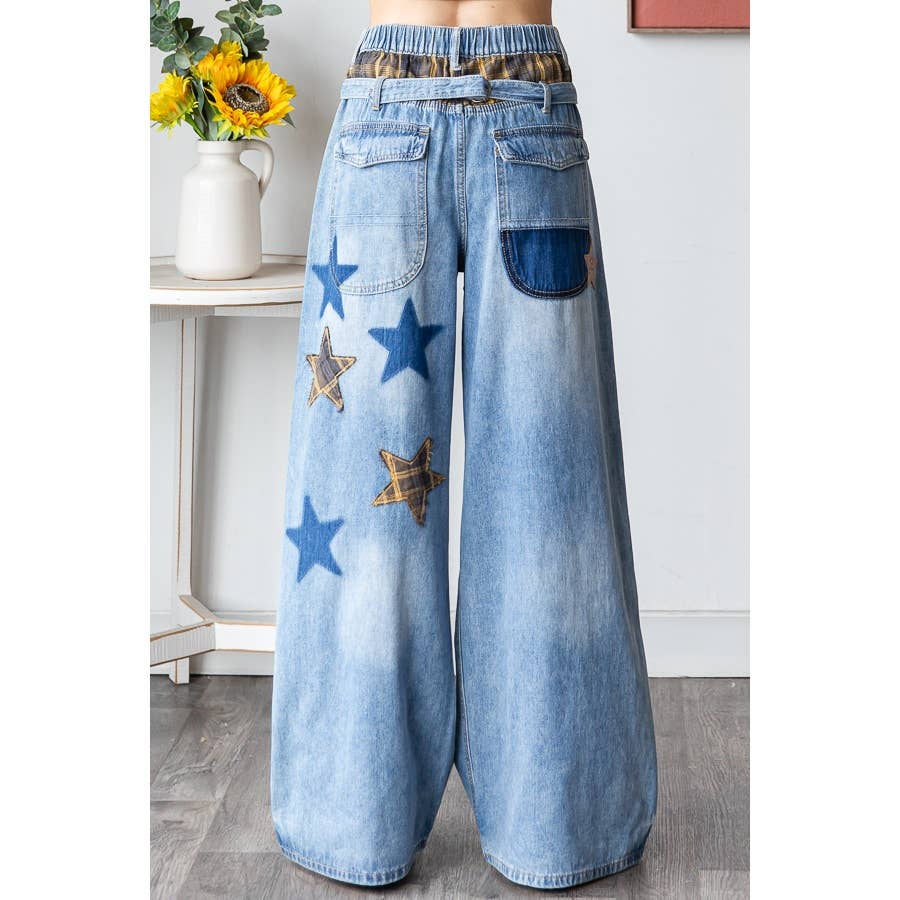 WASHED STAR LOVE PATCHWORK DENIM JEAN - ivyandlavyboutique Oli&Hali