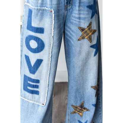 WASHED STAR LOVE PATCHWORK DENIM JEAN - ivyandlavyboutique Oli&Hali