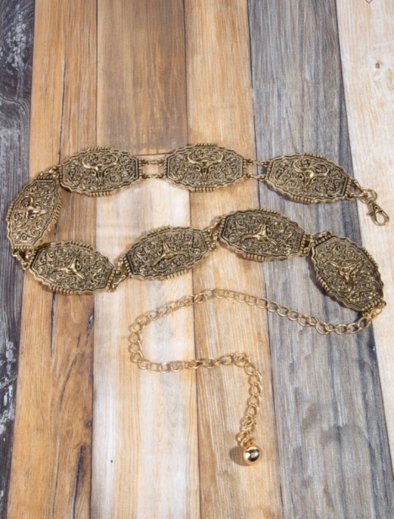 Western Bull Skull Engraved Concho Chain Belt - ivyandlavyboutique ivyandlavyboutique