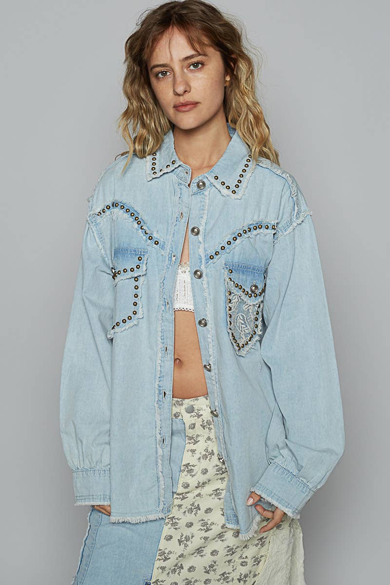Western Gal Studded Button Down Top - ivyandlavyboutique Pol Clothing