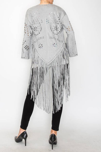 Western - Inspired Laser - Cut Buttery Faux Suede With Fringe Trim - ivyandlavyboutique Origami Apparel ~ Lace and Crochet inspired