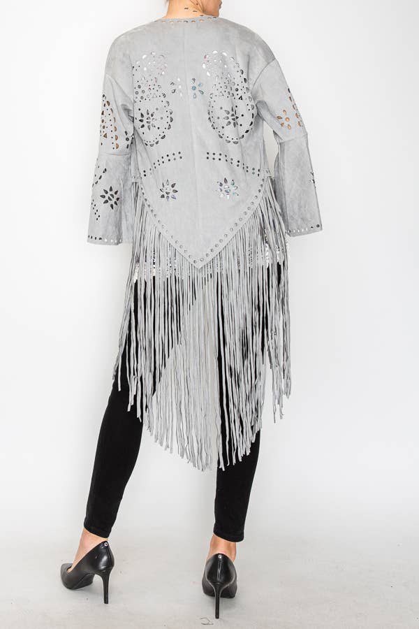 Western - Inspired Laser - Cut Buttery Faux Suede With Fringe Trim - ivyandlavyboutique Origami Apparel ~ Lace and Crochet inspired