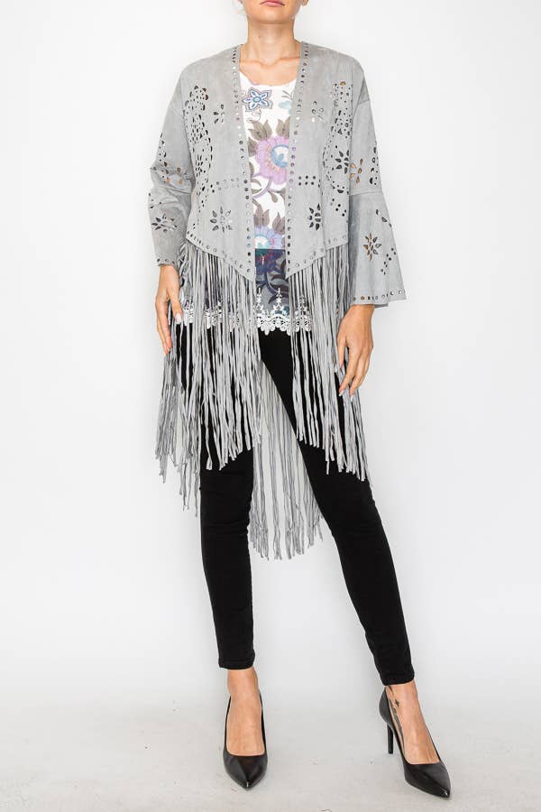 Western - Inspired Laser - Cut Buttery Faux Suede With Fringe Trim - ivyandlavyboutique Origami Apparel ~ Lace and Crochet inspired