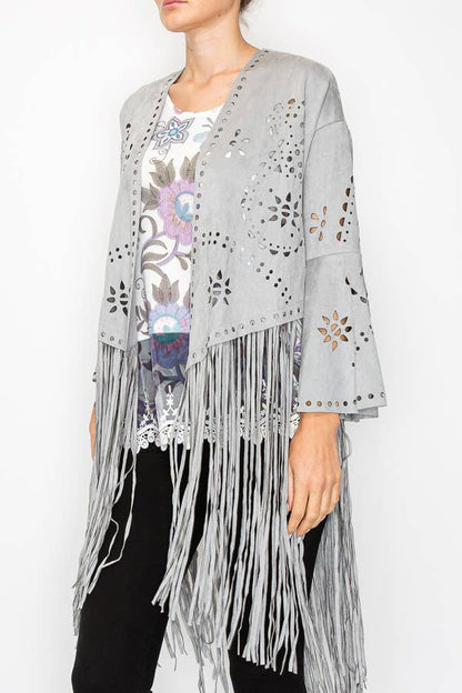 Western - Inspired Laser - Cut Buttery Faux Suede With Fringe Trim - ivyandlavyboutique Origami Apparel ~ Lace and Crochet inspired