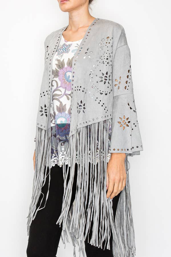 Western - Inspired Laser - Cut Buttery Faux Suede With Fringe Trim - ivyandlavyboutique Origami Apparel ~ Lace and Crochet inspired