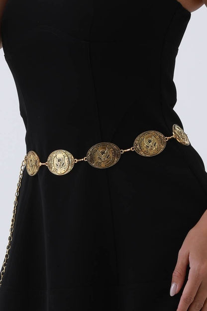 Western USA Eagle Chain Belt – Patriotic Oval Buckle: Antique Gold - ivyandlavyboutique Leto Accessories
