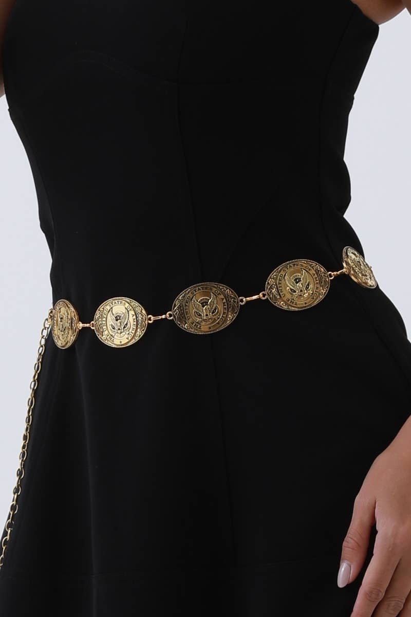 Western USA Eagle Chain Belt – Patriotic Oval Buckle: Antique Gold - ivyandlavyboutique Leto Accessories