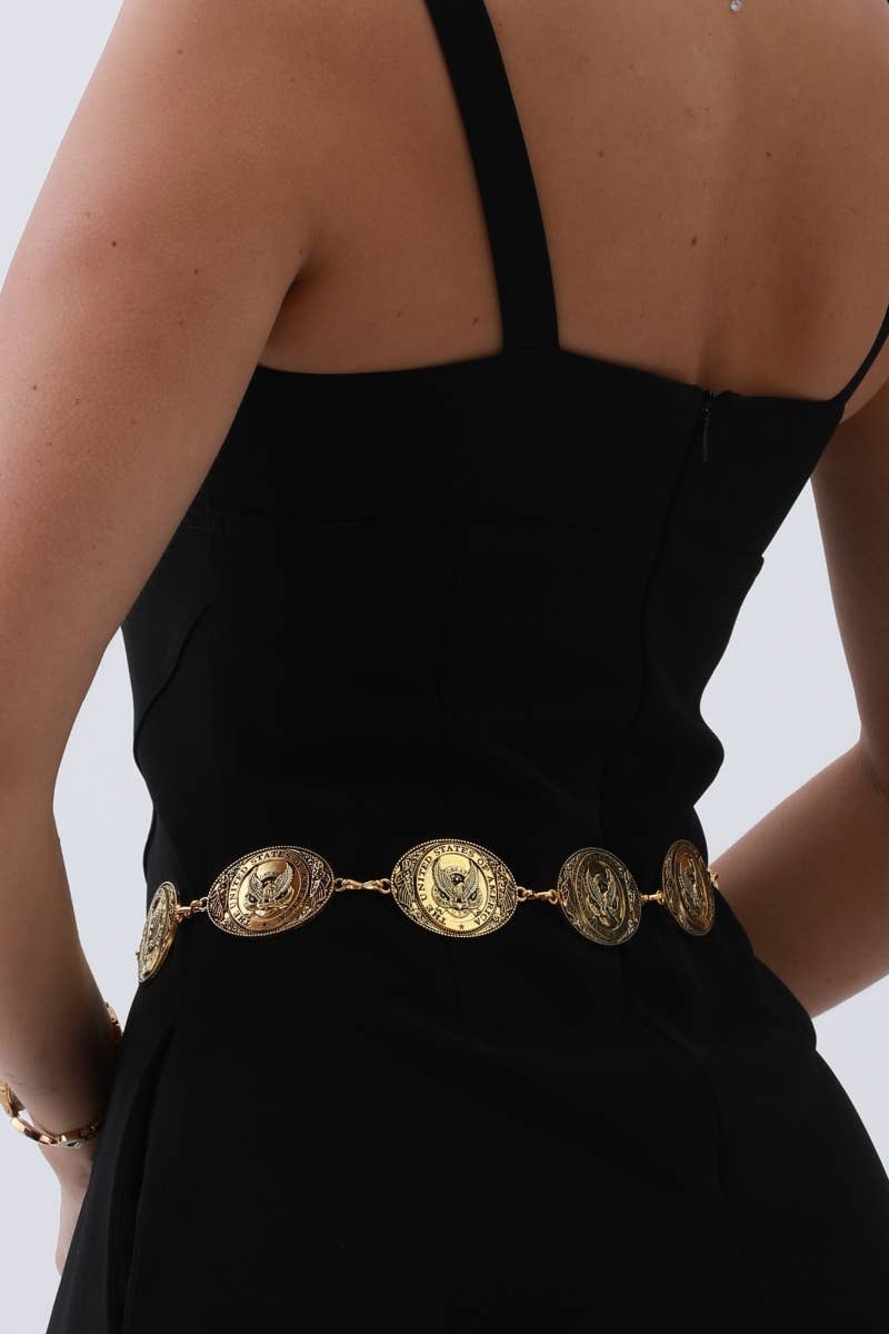 Western USA Eagle Chain Belt – Patriotic Oval Buckle: Antique Gold - ivyandlavyboutique Leto Accessories