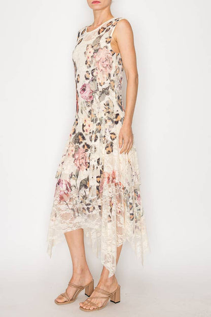 Whimsical Sleeveless Lace Midi Dress With Unattached Slip - ivyandlavyboutique Origami Apparel ~ Lace and Crochet inspired