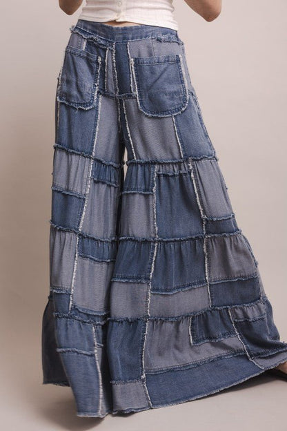 Wide Leg Chambray Tiered Pant - ivyandlavyboutique Blue Velvet