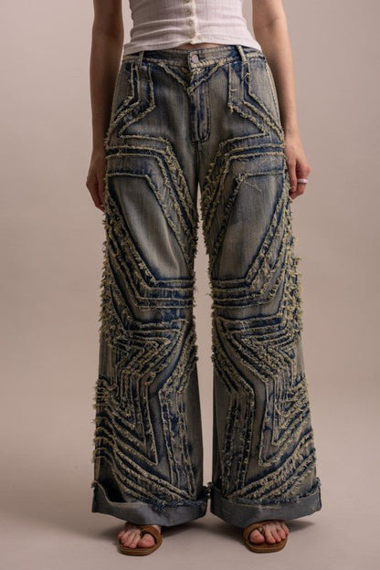 Wide Leg Denim Star Pants - Boho Wanderlust Boutique Blue Velvet