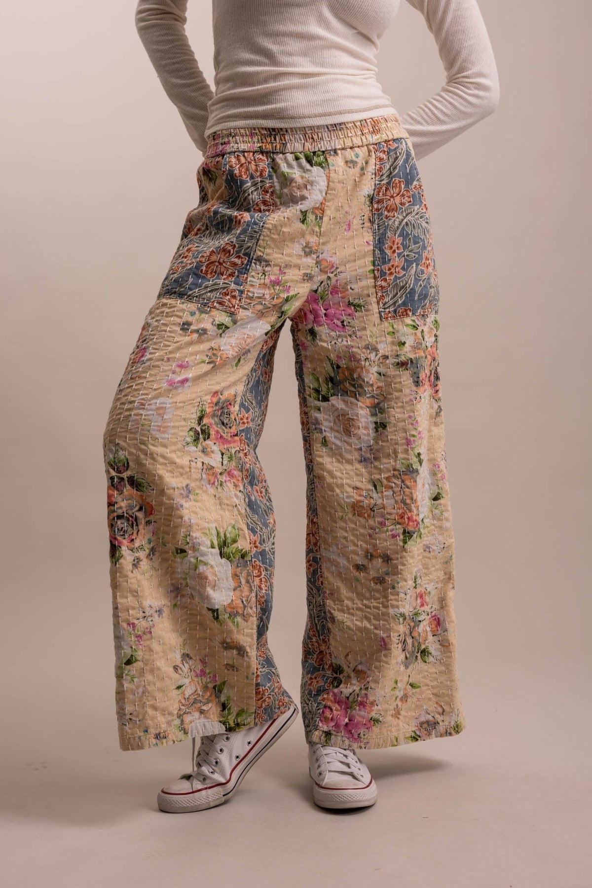 Wide Leg Kantha Patchwork Floral Mix Pants - Boho Wanderlust Boutique Blue Velvet