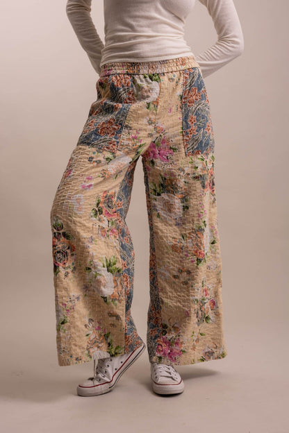 Wide Leg Kantha Patchwork Floral Mix Pants - Boho Wanderlust Boutique Blue Velvet