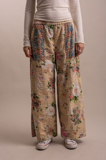 Wide Leg Kantha Patchwork Floral Mix Pants - Boho Wanderlust Boutique Blue Velvet