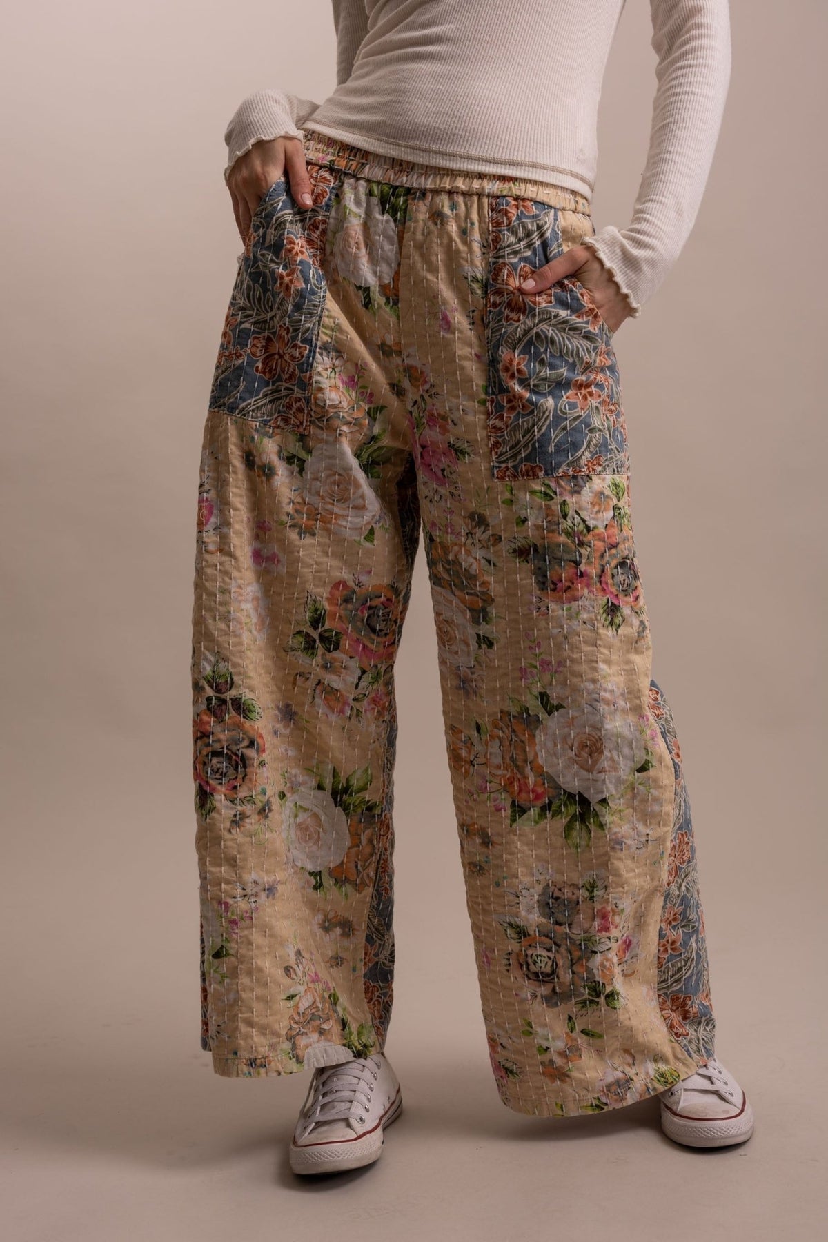 Wide Leg Kantha Patchwork Floral Mix Pants - Boho Wanderlust Boutique Blue Velvet