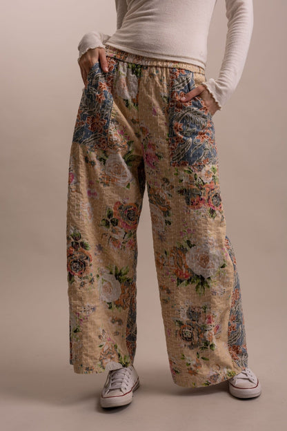 Wide Leg Kantha Patchwork Floral Mix Pants - Boho Wanderlust Boutique Blue Velvet