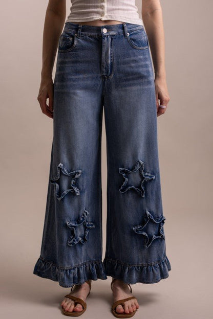 Wide Leg Ruffle Hem Star Patch Denim Pant - ivyandlavyboutique Blue Velvet
