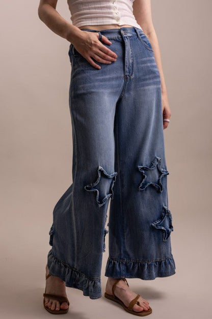 Wide Leg Ruffle Hem Star Patch Denim Pant - ivyandlavyboutique Blue Velvet