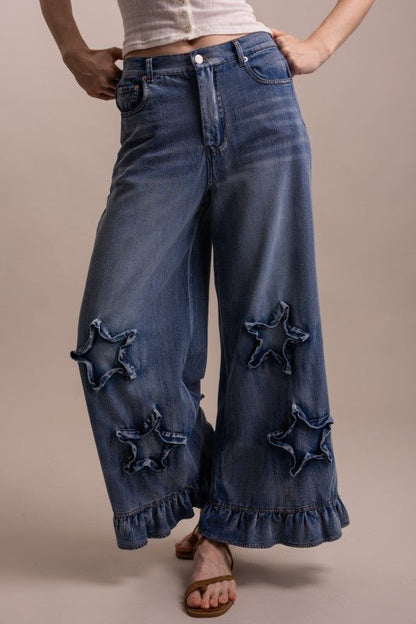 Wide Leg Ruffle Hem Star Patch Denim Pant - ivyandlavyboutique Blue Velvet