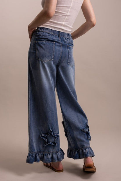 Wide Leg Ruffle Hem Star Patch Denim Pant - ivyandlavyboutique Blue Velvet