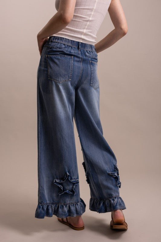Wide Leg Ruffle Hem Star Patch Denim Pant - ivyandlavyboutique Blue Velvet