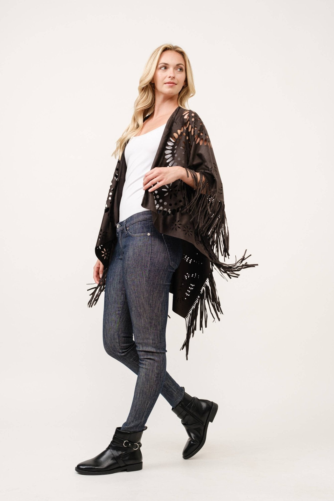 Willa Faux Suede Western Style Poncho Ruana Black - ivyandlavyboutique Raj Trading & Imports (USA) Inc.
