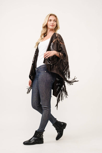 Willa Faux Suede Western Style Poncho Ruana Black - ivyandlavyboutique Raj Trading & Imports (USA) Inc.